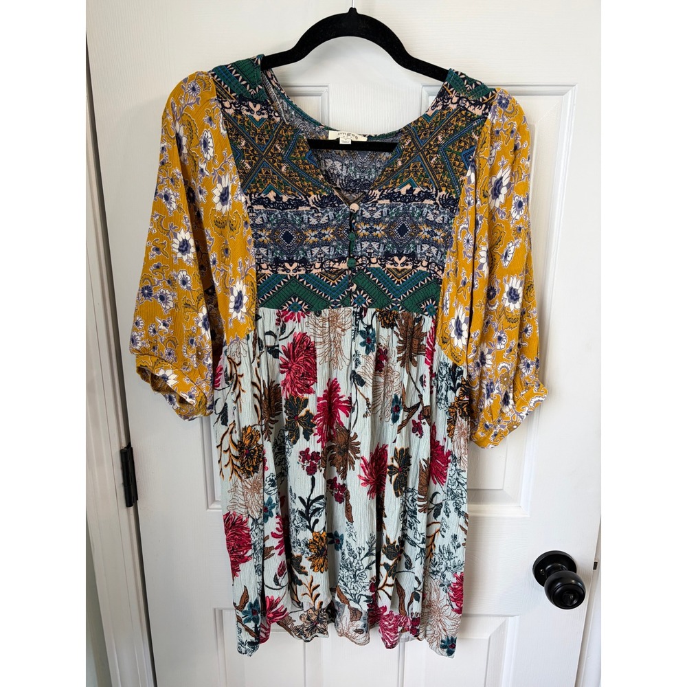 Umgee USA Mixed Floral Geometric Boho Tunic Top Mustard Teal Cottagecore Small